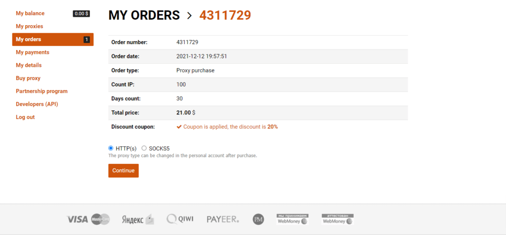 Coupon Verification Proof :  Proxy6 Coupon is applied, the discount is 20%