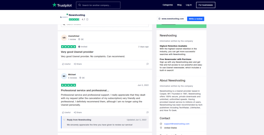 Newshosting Customer Review on Trustpilot