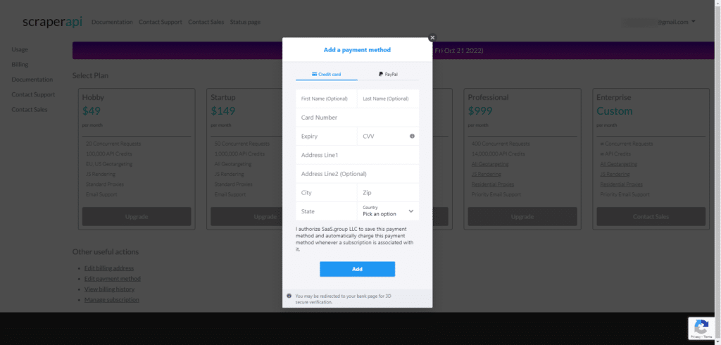 ScraperAPI Billing 2